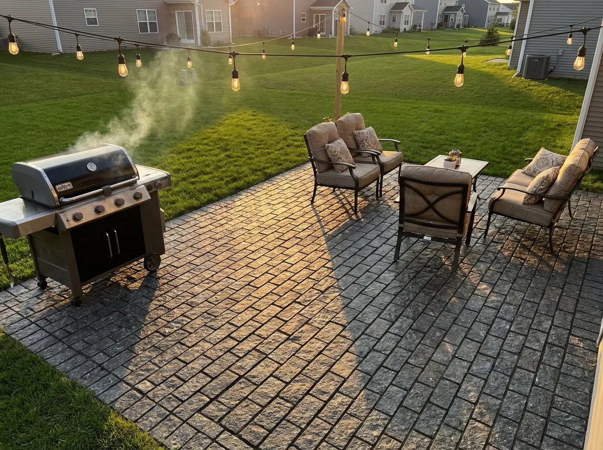 Backyard patio with black granite pavers