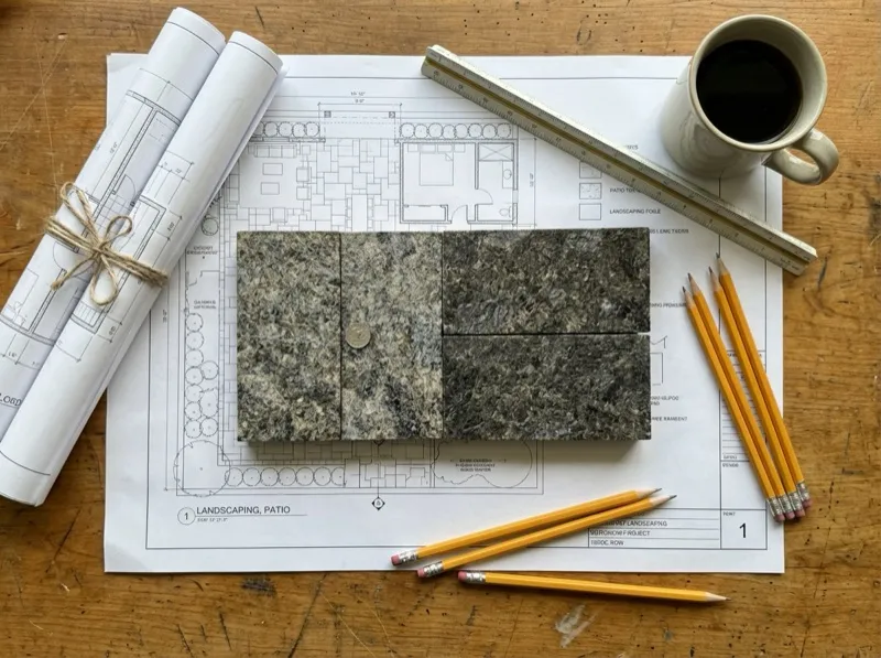 Black Ice L7 pavers on architectural blueprint with coffee and pencils