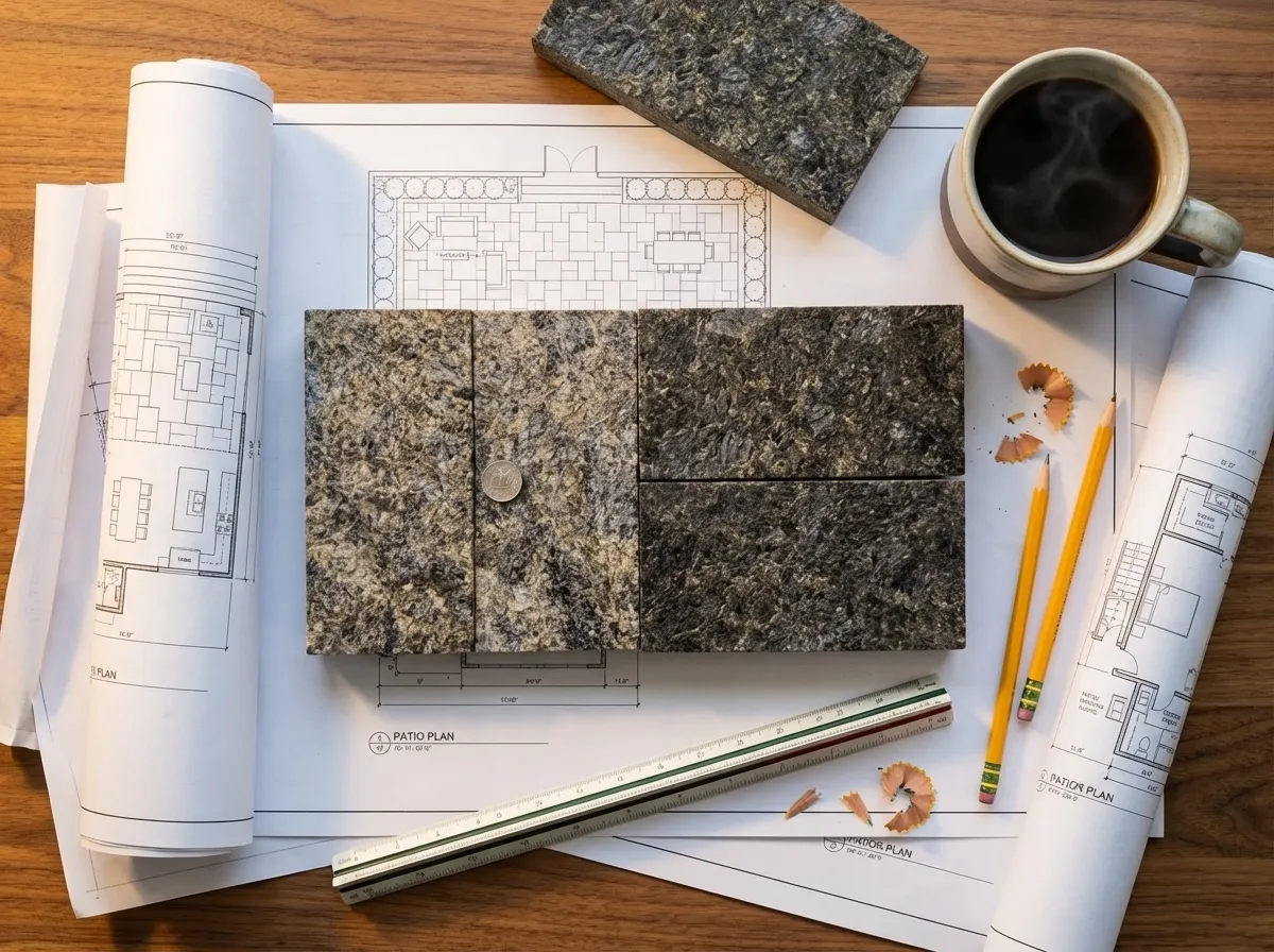 Architect blueprints with Black Ice L7 paver samples