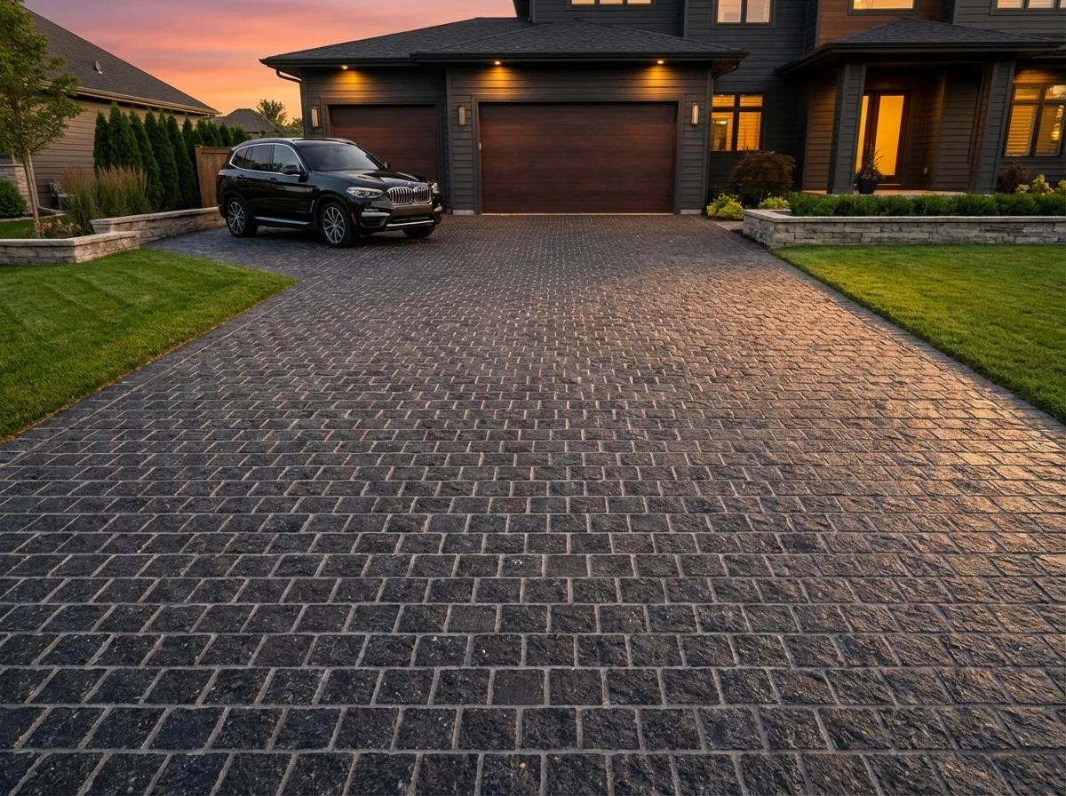 Herringbone granite paver driveway