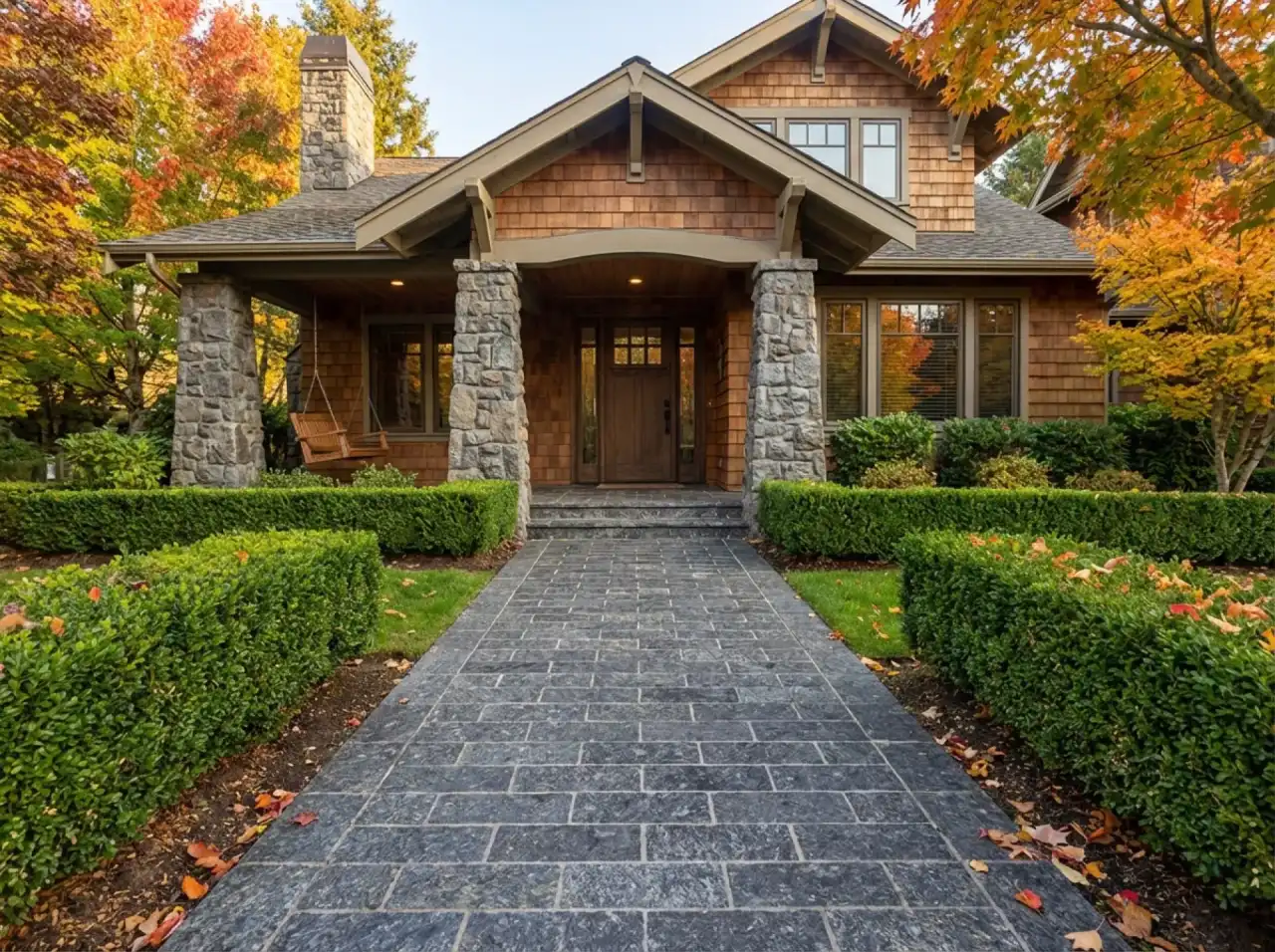 Craftsman home walkway with Black Ice L7 Labradorite granite pavers