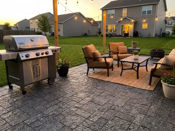Suburban patio with black granite pavers