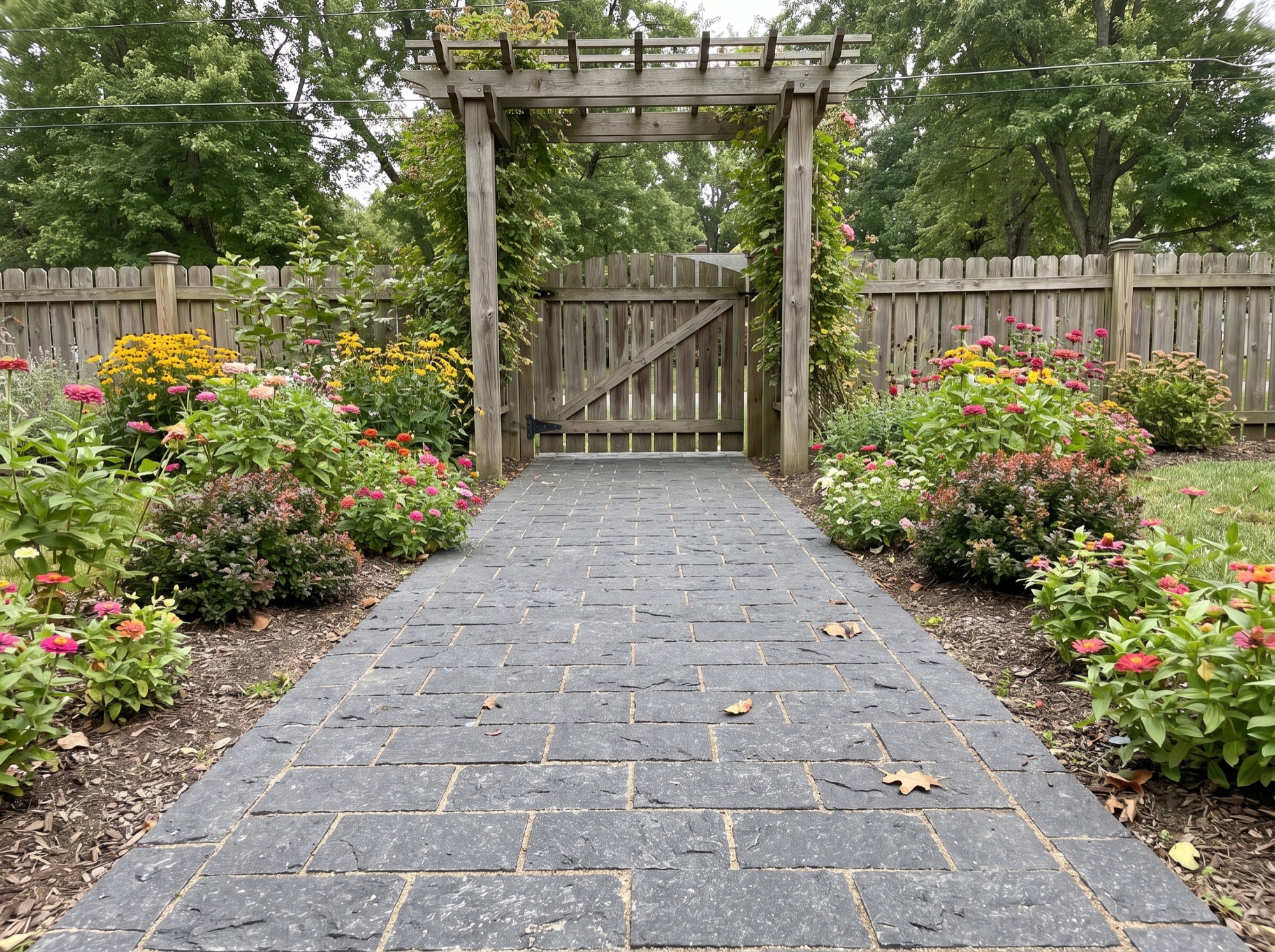Dark granite path to a garden gate under a pergola