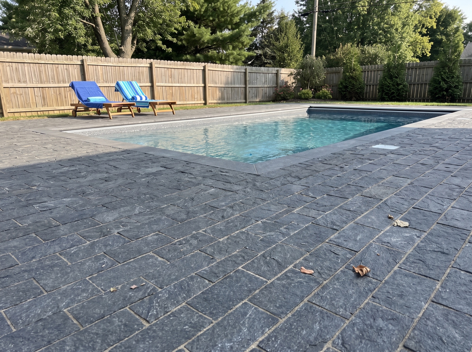 Dark splitface granite pavers around a backyard pool